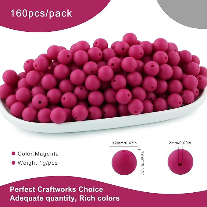 160Pcs 12mm Silicone Beads for Keychain Making Bracelet Necklace, Bulk Round Silicone Beads for Pens(Magenta)