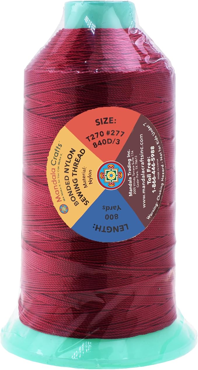 Mandala Crafts Size 277 840D T270 Bonded Nylon Thread - Wine 800 YDs Tex 270 Heavy Duty Sewing Threads for Leather, Jeans, Weaving, Outdoor Marine Upholstery
