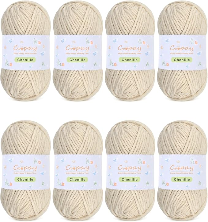 Coopay Chenille Yarn for Crocheting, 8 Pack Medium Weight Yarn - CYC #4 - Total 520yd, Soft Crochet Yarns for Plush Toys, Blankets, Scarves (Khaki)
