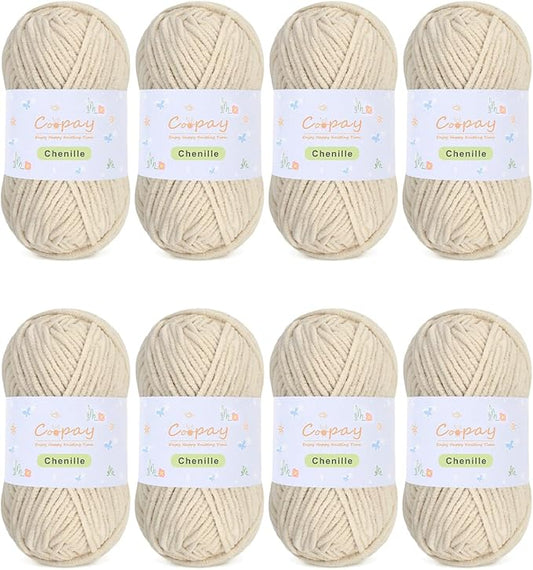 Coopay Chenille Yarn for Crocheting, 8 Pack Medium Weight Yarn - CYC #4 - Total 520yd, Soft Crochet Yarns for Plush Toys, Blankets, Scarves (Khaki)