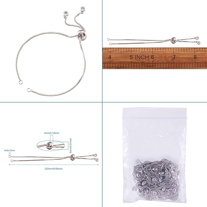 FASHEWELRY 20 Strands Adjustable Brass Bracelet Slider Extender Chains with Rhinestone Ends 4.72-4.96 Inch Real Platinum Plated for DIY Jewelry Making