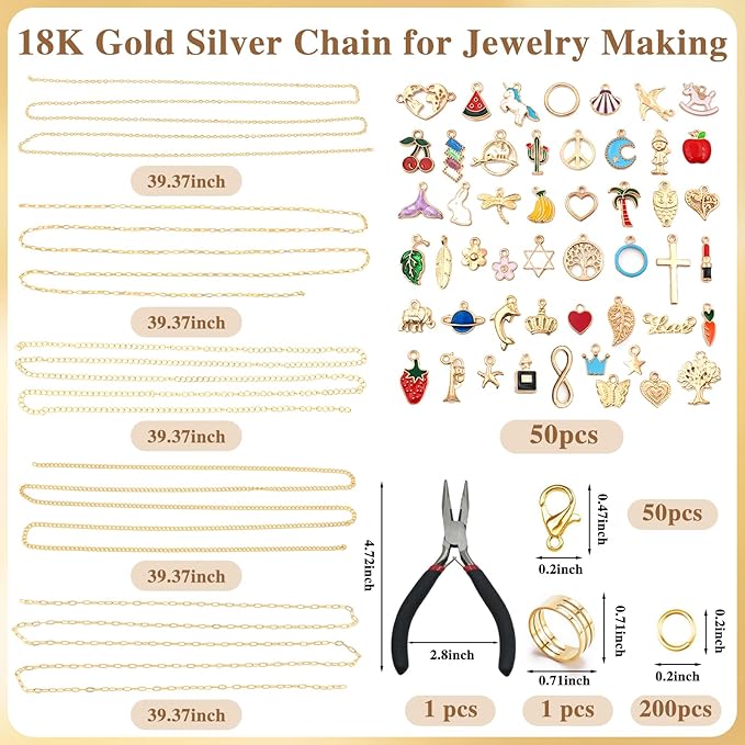 LuneClat Gold Chain Charm Bracelet Making Kit - 14K 5 Different Chains 3.28 ft, DIY Necklace Bracelets Making Accessories with Charms Pendants Jump Rings Lobster Clasps Pliers