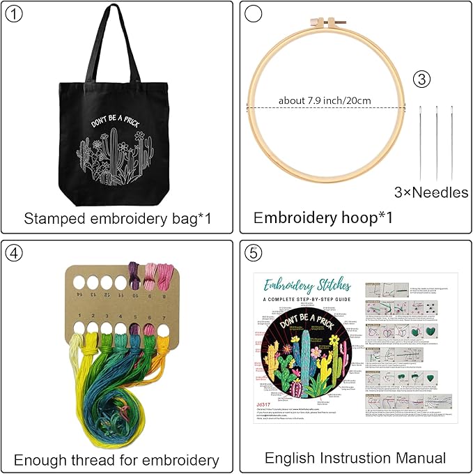 Louise Maelys Cactus Embroidery Kit Canvas Tote Bag for Beginners,Cross Stitch Kits for Adults,DIY Funny Plant Flowers Pattern,Women Shopping Reusable Grocery Bags