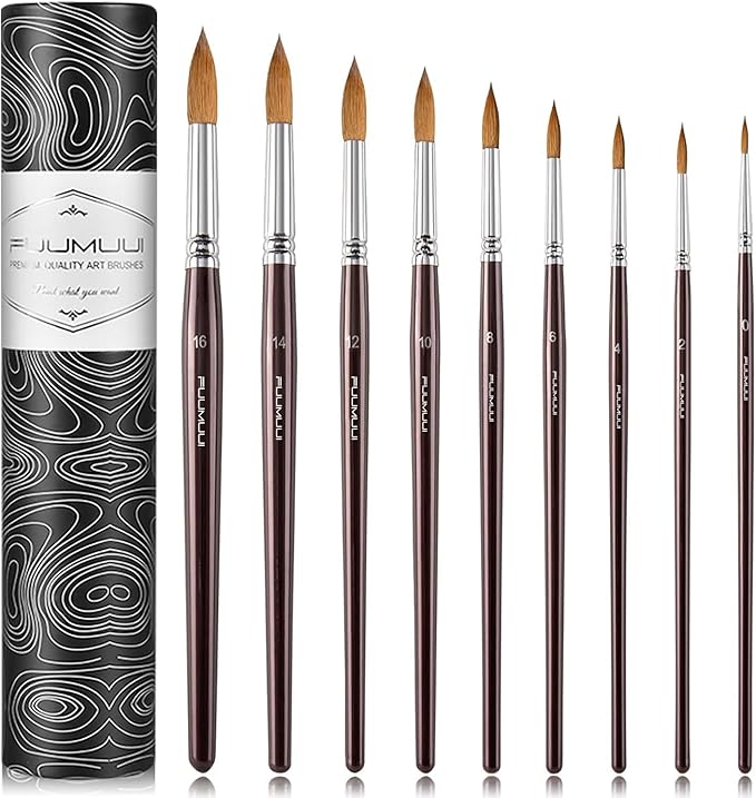 Sable Watercolor Brushes 9pcs Professional Superior Kolinsky Watercolor Paint Brushes for Artists Round Pointed Oval Wash for Watercolor Acrylics Gouache Inks Painting