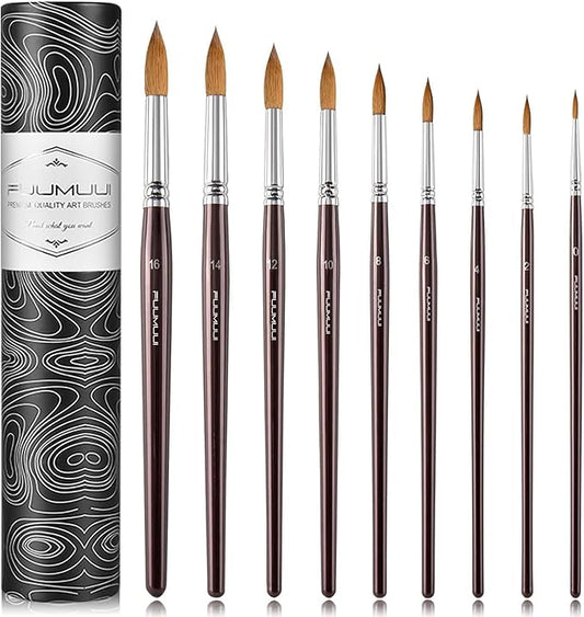 Sable Watercolor Brushes 9pcs Professional Superior Kolinsky Watercolor Paint Brushes for Artists Round Pointed Oval Wash for Watercolor Acrylics Gouache Inks Painting