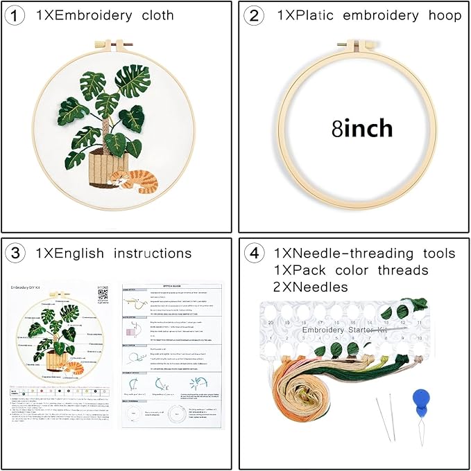 Monstera Embroidery Kits for Beginners Adults, Cat Hand Embroidery Kits, Potted Plant Cross Stitch Kits for Beginners DIY Craft Kits for Adult Women, Entire Set of Embroidery Supplies & Video Tutorial