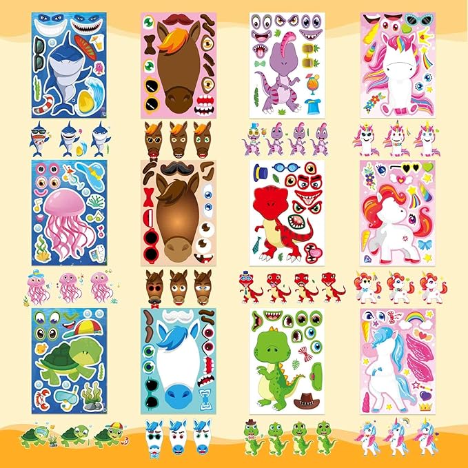 24 sheets make a face stickers for kids toddlers, make your own animal mix and match sticker sheets with sea animals horses dinosaurs unicorns for kids crafts party favors goodie bags stuffers
