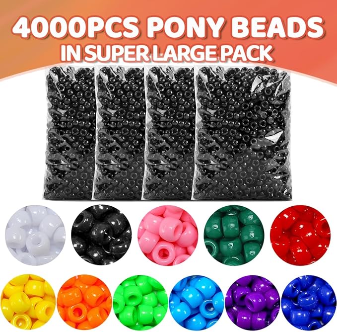 praisebank 4000pcs black pony beads, barrel shaped, plastic, loose beads, craft beads, hair braids