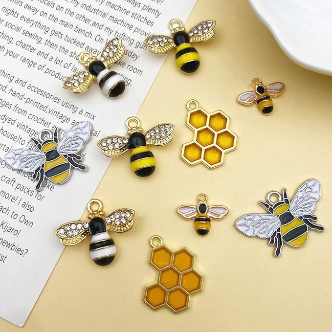 WOCRAFT 120pc Assorted Enamel Bracelet Honeycomb Bee Charms for Jewelry Making Crafts DIY Necklace Bracelet Keychain Crafting Charms Kit (SN814)