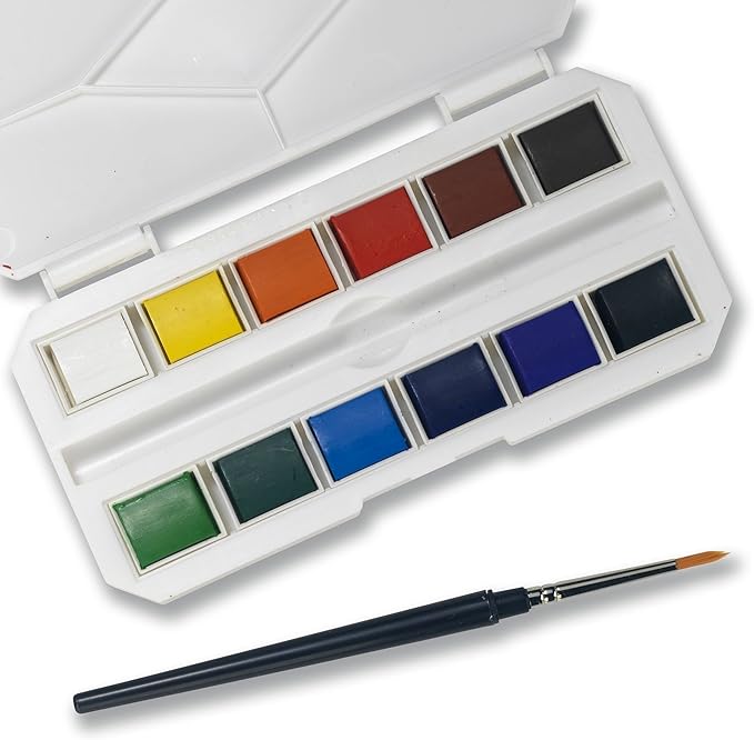 12 Assorted Water Colors Travel Pocket Set- Quality Paint Brush-Easy to Blend Colors-Half Pan Watercolors- Perfect for Painting on The Go JQ-112