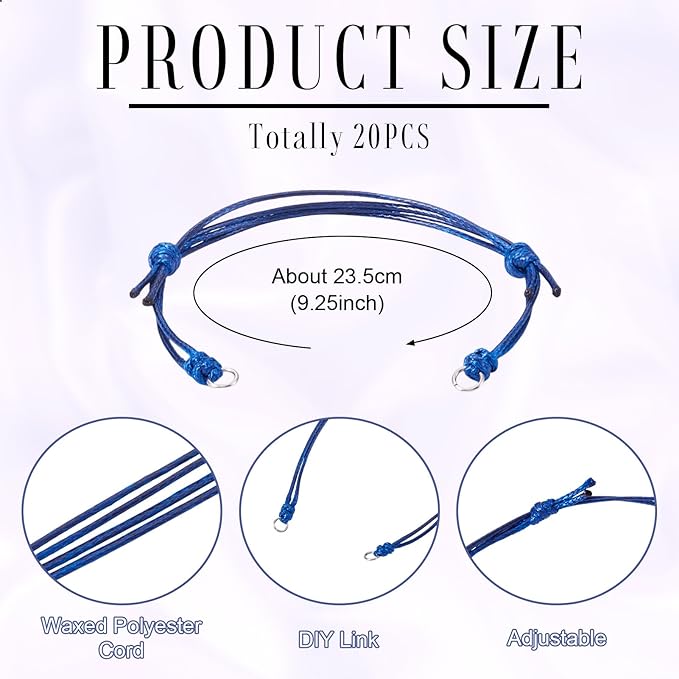 KISSITTY 20pcs Adjustable Bracelet Cords for Connector Charms Waxed Polyester Thread Cord Midnight Blue Color Half Finished Bracelet for Friendship Bracelets Jewelry Making