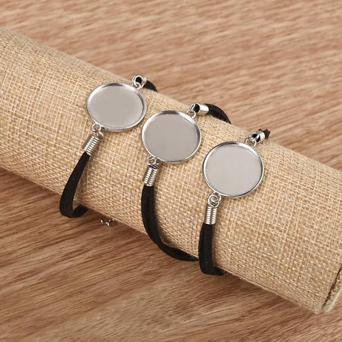 DROLE 40Pcs 25mm Adjustable Bracelet Blanks Kit-20Pcs Leather Bracelet Chain Blanks and 20Pcs 25mm Clear Glass Cabochons for Jewelry Making Black Chain White K Cabochon Trays Black-Silver Base