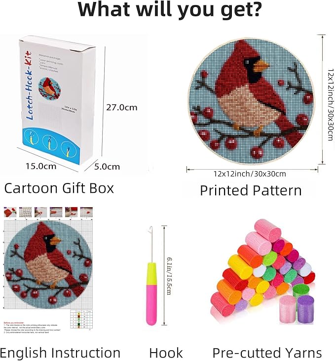 Latch Hook Rug Kit Cute Cartoon Red Cardinal Bird on Red Berry Tree Easy for Beginners Round Shape Carpet Crochet Yarn Craft Mini Rug DIY Hook and Latch Little Tapestry for Home Decor 30x30cm-3