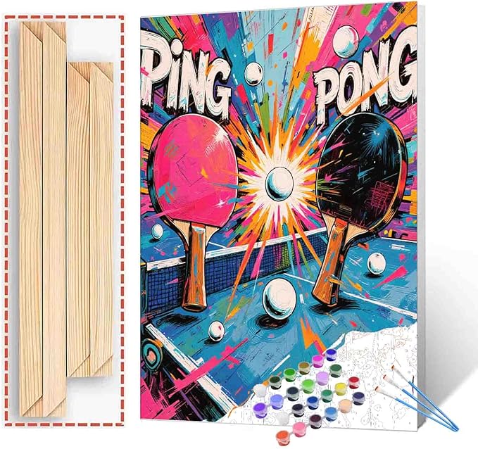 Table Tennis Paint by Number for Adults Beginner Colorful Ball Sports Paint by Number Kits on Canvas Simple Painting DIY Acrylic Paintwork Home Wall Decor for Sports Lovers 16"x20"(DIY Frame)