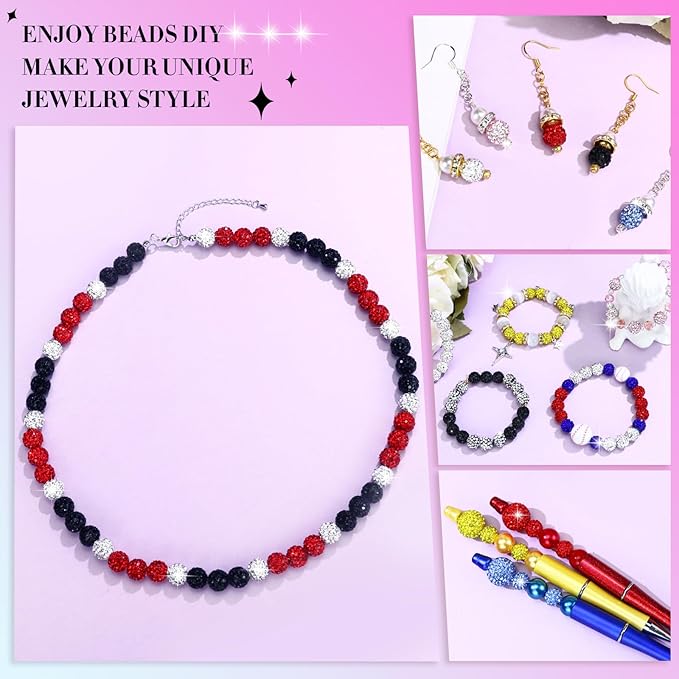 Dowarm 255PCS 10mm Rhinestone Beads for Baseball Rhinestone Necklace Bracelet Jewelry Making, Round Polymer Clay Beads for Crafts Beaded Pen, DIY Shamballa Pave Disco Diamond Bead, Black|Red|White