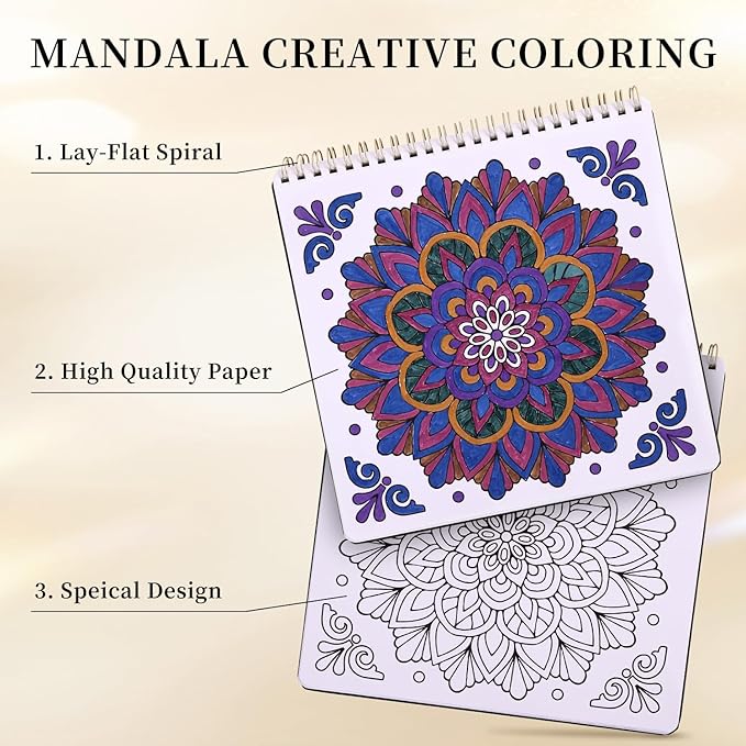 Mandala Coloring Book for Adults Relaxation and Teens Stress Relief, Spiral Coloring Book for Women, Hard Cover Spiral Bound Mindfulness Stress-Free Patterns for Adult to Relax Relieve Anxiety Gifts