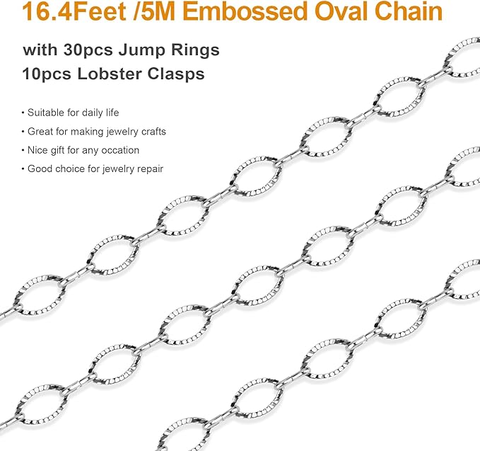 Kyutong Texture Oval Circle Chains for Jewelry Making 16.4 Feet Stainless Steel Silver Chain with Jewelry Supplies for Men Women DIY Necklace Crafts