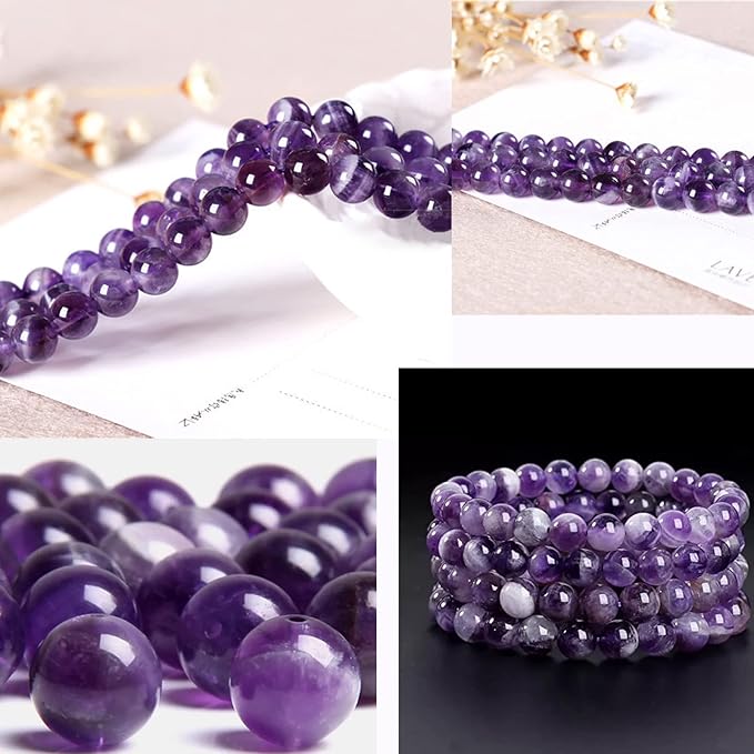 6mm Natural Amethyst Round Bead - 60PCS Bulk Gemstone Beads for Jewelry Making, DIY Bracelets, Necklaces - Includes Crystal Stretch Cord - Stone Beads for Crafting Gifts