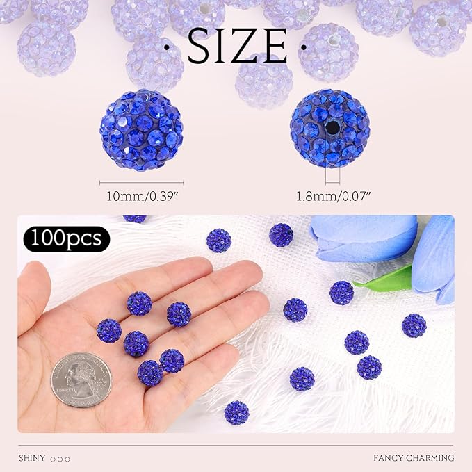 100 pcs 10mm Rhinestone Beads for Jewelry Making, Dark Blue Shiny Round Shamballa Disco Beads Bulk, Sparkle Crystal Clay Christmas for Bracelet Baseball Necklace Earring Crafting and DIY