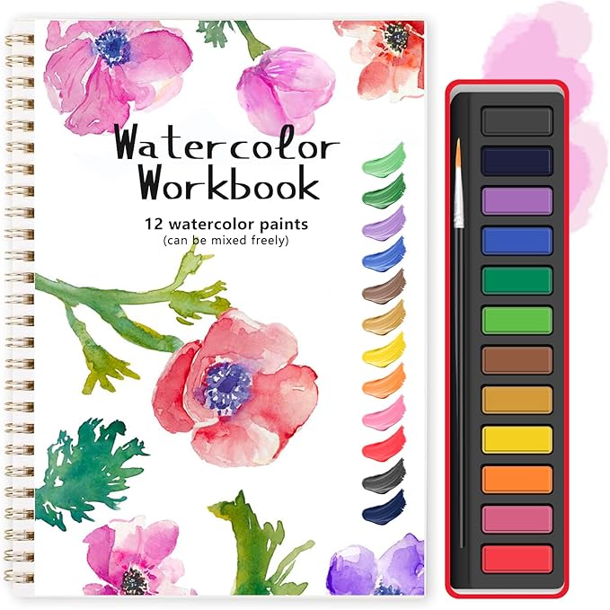 Watercolor Workbook, Water Coloring Book, 12 Different Patterns of Original DIY Designs, 12 Colors Watercolor Paint Set with Brush, Beginner-Friendly Watercolor Workbooks