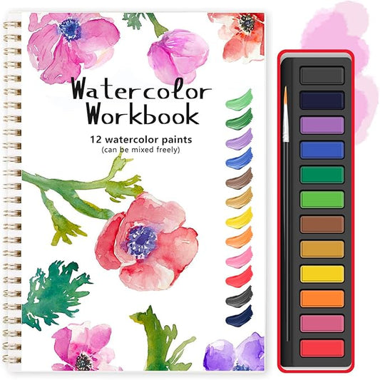 Watercolor Workbook, Water Coloring Book, 12 Different Patterns of Original DIY Designs, 12 Colors Watercolor Paint Set with Brush, Beginner-Friendly Watercolor Workbooks