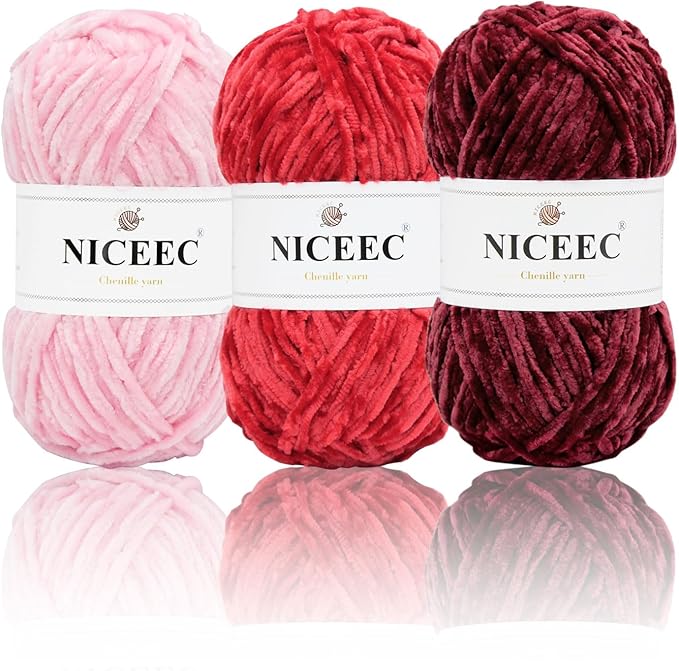 NICEEC 3 Skeins Soft Chenille Yarn Assorted Colors Blanket Yarn for Knitting Fancy Yarn for Crochet Weaving DIY Craft Total Length 3×85m (3×93yds, 3×50g)_Red Series