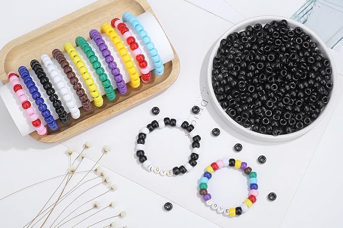 1000Pcs Black Pony Beads 6x9mm Perler Bulk Beads for Bracelets Necklace, Hair Bead for Braids, Kandi BeadsKit, Plastic Bead for Crafts Keychain Jewelry Making(Black)