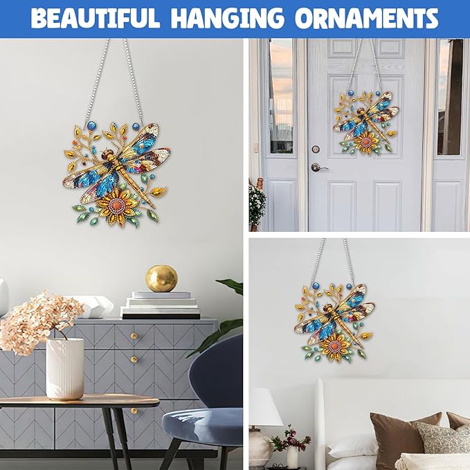 NAIMOER Diamond Art Hanging Kits for Adults Dragonfly 5D Special Shaped Rhinestone, DIY Acrylic Diamond Art Painting Window Pendants Home Garden Wall Hanging Ornament Kits, Double Sided