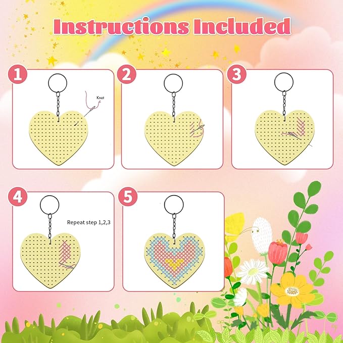 VKPI Wooden Cross Stitch Kits for Kids, Make Your Own 6 Cross Stitching Keyrings, Wood Sewing Kit, Arts & Crafts Stars, Hearts Ornaments, Plastic Needle Embroidery Kit for Beginners, Girls, 6-13