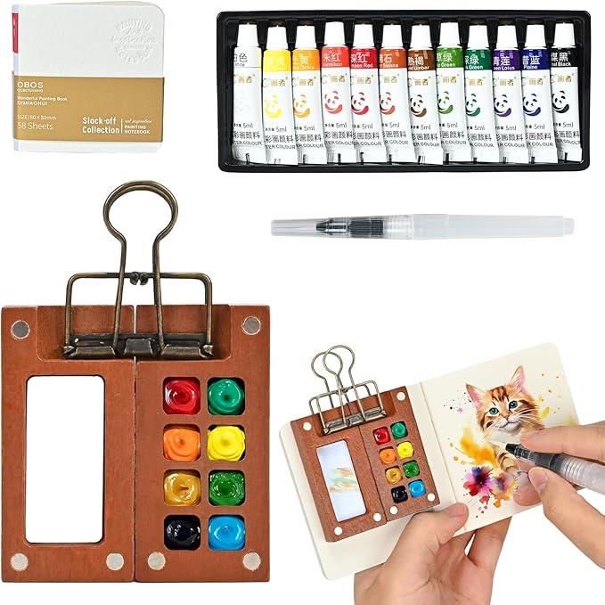 Mini Watercolor Paint Set,Portable mini Travel Watercolor kit, Pocket Watercolor Set with Paint,Art Supplies, for Artists, Amateur Hobbyists and Painting Lovers(12 Colors 8Grids)