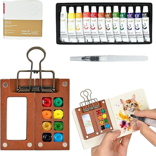 Mini Watercolor Paint Set,Portable mini Travel Watercolor kit, Pocket Watercolor Set with Paint,Art Supplies, for Artists, Amateur Hobbyists and Painting Lovers(12 Colors 8Grids)