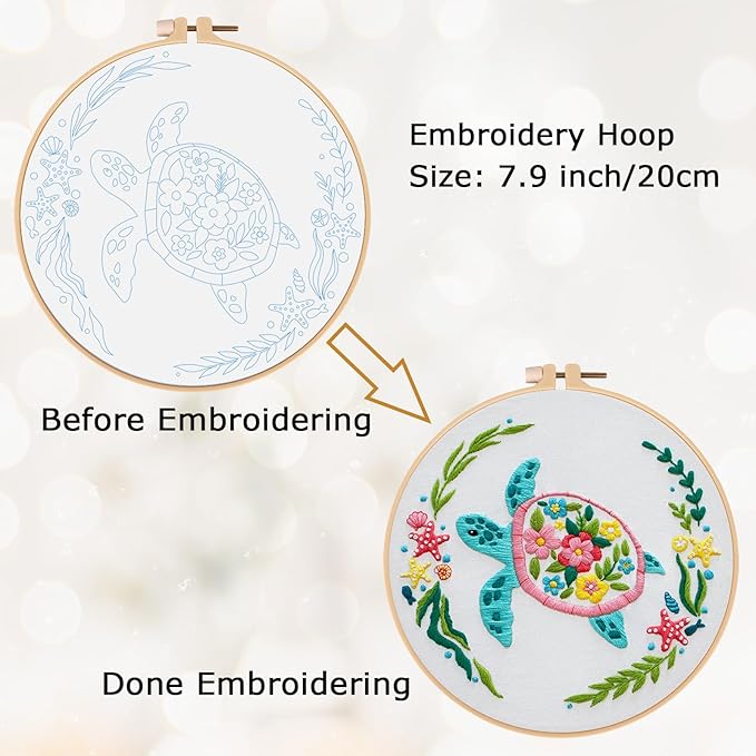 Louise Maelys Sea Turtles Embroidery Kits for Beginners, DIY Cross Stitch Starter Craft Kit for Adults Including Cloth with Pattern, Hoop, Needles Instruction and Threads