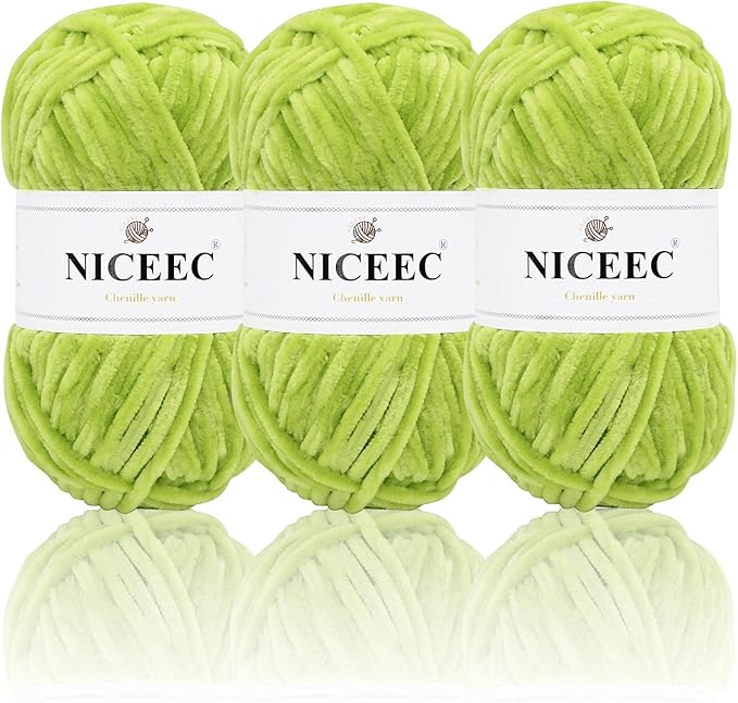 NICEEC 3 Skeins Soft Chenille Yarn Blanket Yarn for Knitting Fancy Yarn for Crochet Weaving DIY Craft Total Length 3×85m (3×93yds, 3×50g)_Spring Green