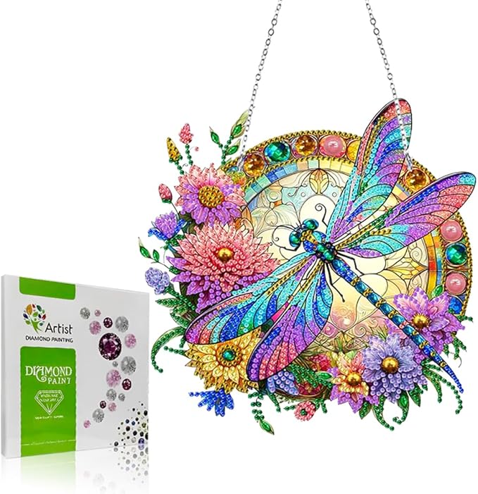 Koikify Diamond Painting Kits Hanging Pendant, Flower & Dragonfly Crystal Diamond Art Hanging Sign, Double-Sided Pattern Craft Ornament for Home Decoration and Gift