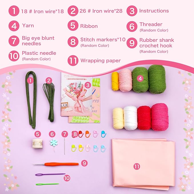 Iuuidu Crochet Kit for Beginners, Rose-Pink Flower Bouquet Crochet Kit, Knitting Kit with Step-by-Step Video Tutorials for Woman Birthday Anniversary Day Weddings Party Present, Home Decor