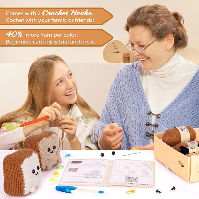 Crochetta Crochet Kit for Beginners, Amigurumi Crocheting Animals Kits w Step-by-Step Video Tutorials, Knitting Starter Pack for Adults and Kids, Jumbo 2 Breads Familly (40%+ Yarn Content)