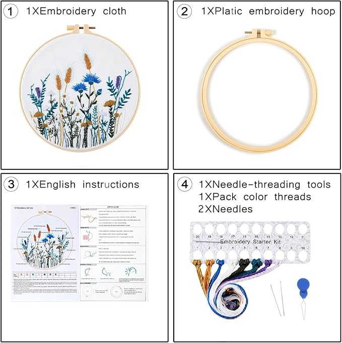 Crafmanoe Flower Embroidery Kits for Beginners Adults, Hand DIY Embroidery Starter Kits, Floral Stamped Cross Stitch Kits for Beginners Adults Craft Kits for Women, Embroidery Hoops, Fabric and Thread
