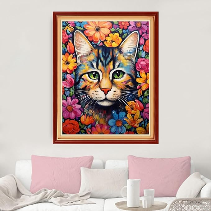 dimxvean stamped cross stitch kits,cross stitch kits for adults beginners,embroidery kits full range of cross stitch stamped kits needlepoint kits cross stitch patterns-cat flowers 16x20 inch