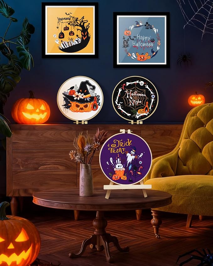 TINDTOP Halloween Embroidery Kit for Adult, 5 Pack Embroidery DIY Starter Kit, with Stamped Patterns, Hoop, Tools, Colorful Threads with Needles, Instructions