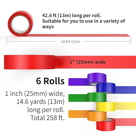 Colored Masking Tape, Color Painters Tape for Kids, 6 Rolls 1 inch Wide x 14.3 Yards Each, Colorful Paper Tapes Rainbow Colors for Labeling Packing, Painter Tape Variety Pack, Craft Tape
