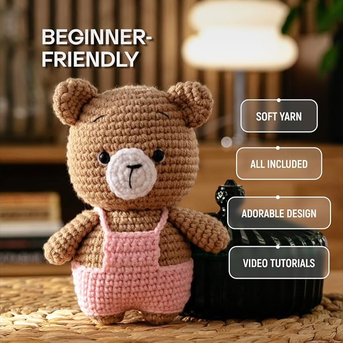 PUFLS Bear Crochet Kit for Beginners Kids, Beginner Crochet Kit for Adults and Kids with Video Tutorials, Crochet Kits with Mini Crochet Animals, Knitting Kit for Beginners and Cute Crocheting Kit