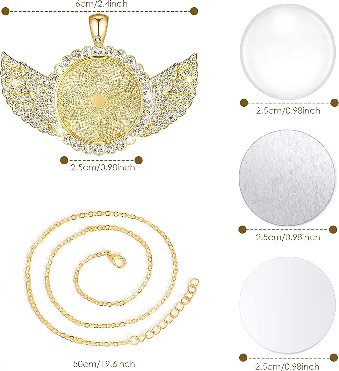 Hicarer 60 Pcs Sublimation Angel Wing Jewelry Blanks Set Rhinestone Bezel Pendant Trays Gold and Silver Sublimation Necklace Blank with Chain for DIY Making Crafts Wedding Gifts