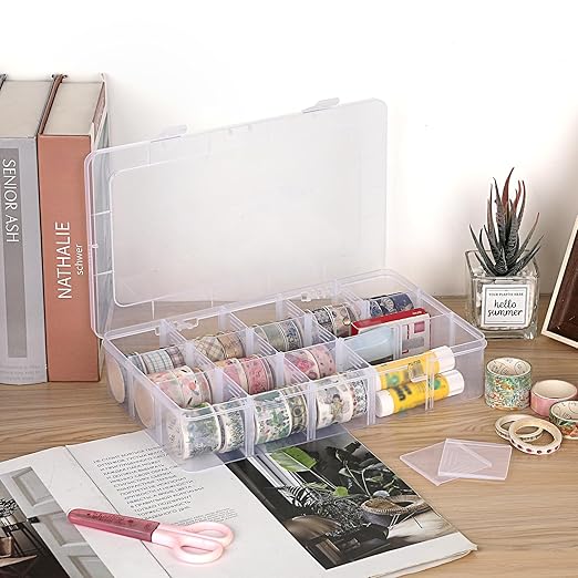BTSKY 1 PCS Plastic Washi Tape Organizer, Adjustable 15-Grid Compartment Washi Tape Storage Case, Clear Sticker Storage Box for Scrapbook Organizers and Storage, Universal Jewelry Box Bead Organizer