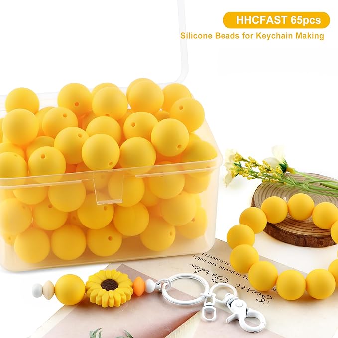 65Pcs 19mm Silicone Beads for Keychain Making Bracelet Necklace, Bulk Round Silicone Beads for Pens（Yellow）