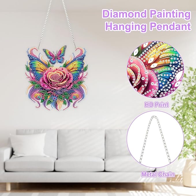 TOSTOG Flower Diamond Art Hanging Kits for Adults, Butterfly Diamond Painting for Adults Window Pendant, Special Shape Diamonds Diamond Painting Hanging Pendant Kit for Decor Gift