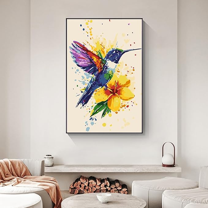 Framed Paint by Numbers Kit for Adults Beginner & Kids Ages 8-12, Hummingbird Paint by Numbers With Frame, DIY Watercolor Number Painting for Adults Hummingbird for Home Wall Decor Gift 8x 12 inch