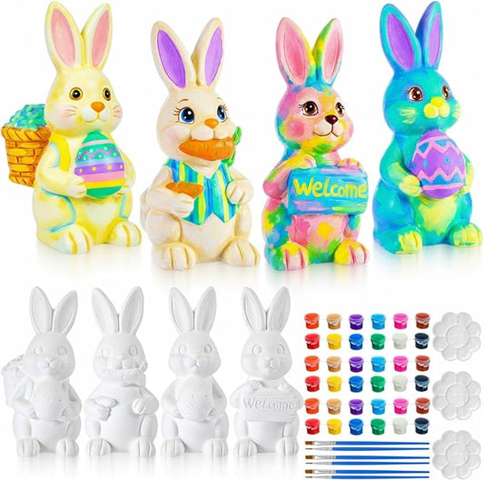 Zubebe 4 Pcs Easter Ceramics to Paint Bunny Kits Ready to Paint Your Own Easter Bunny Figurines 5.1 Inch 3D Unpainted Blank Ceramics with Brush and Palette Rabbit Statues for Craft (Cute Style)