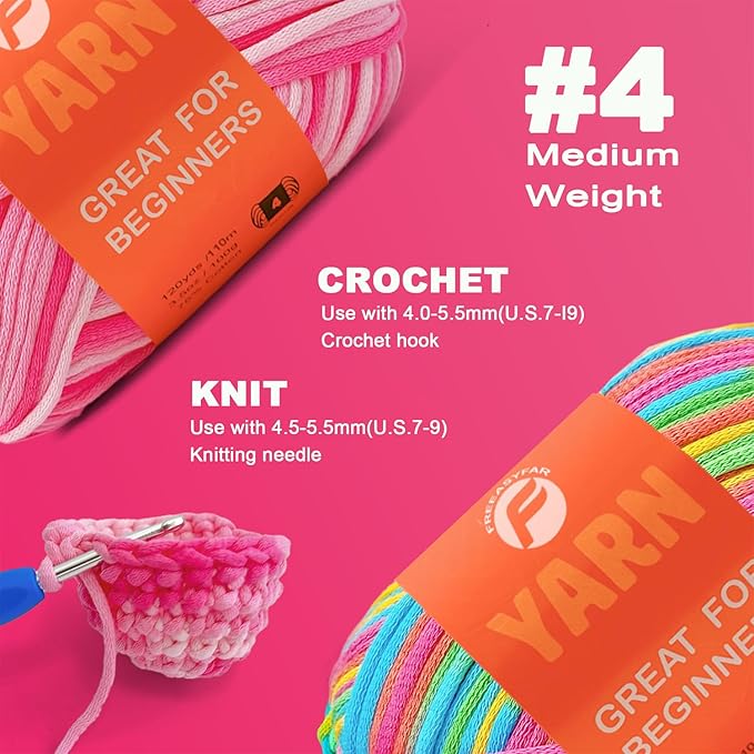 2 x 3.5Oz/120yds Beginner Easy Yarn for Crocheting and Knitting;Worsted-Weight Medium #4;Cotton Blend Yarn for Beginners Amigurumi DIY(Strawberry+Rainbow)