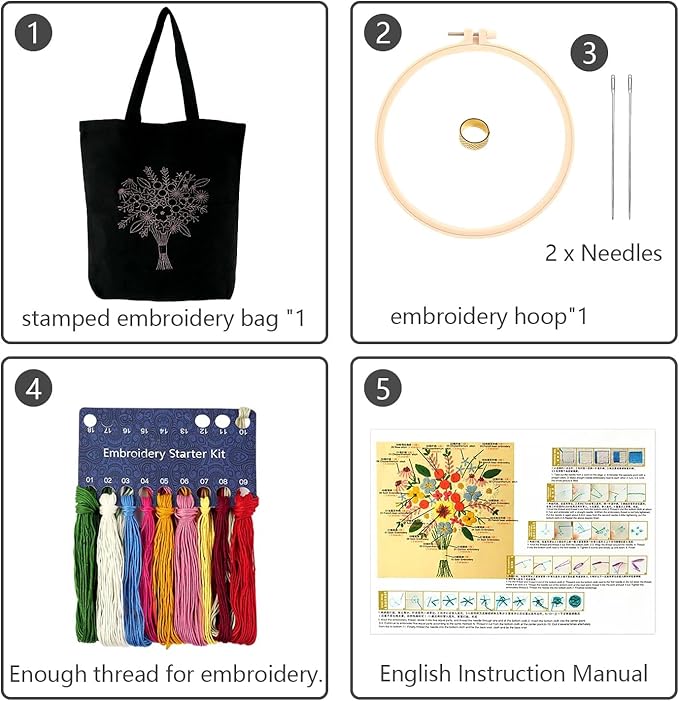 Canvas Tote Bag Embroidery Kit with Pattern for Beginners, Arts and DIY Embroidery Crafts Kits for Adults, Instructions, thimble, Embroidery Hoops, Color Threads (black, CR002 huaguangpianran)