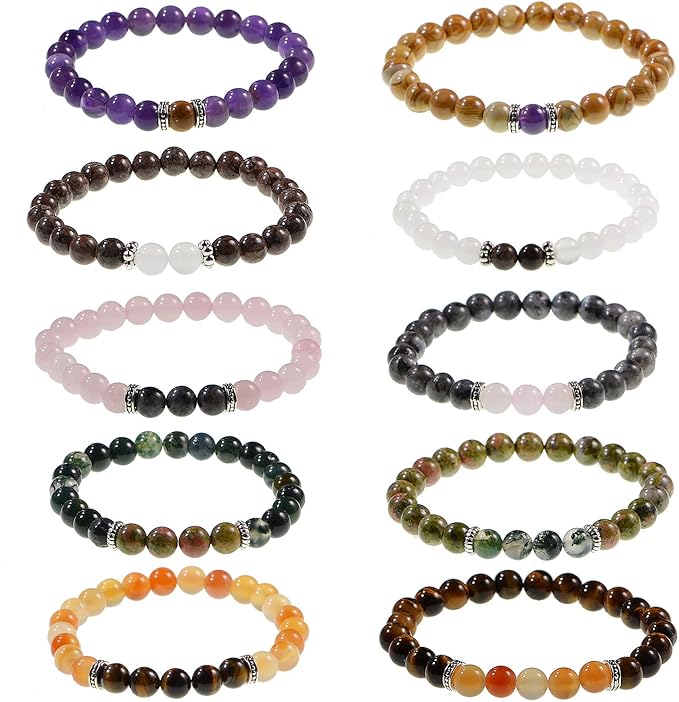 Stone Beads Box Set Kits 250pcs 8mm Round Loose Gemstone Natural Amethyst Rose Quartz Red Agate Larvikite Labradorite Assorted Color with Accessories Tools for Bracelet(100% Natural Stone Beads Kit 2)
